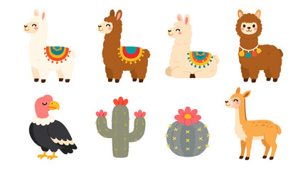 Fototapeta premium Cute llama characters with a vulture and flowering cacti
