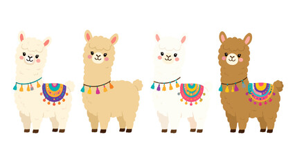 Fototapeta premium Fluffy llamas with colorful blankets and tassel necklaces