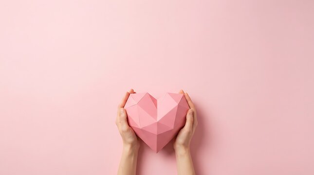 Hands holding a pink papercraft heart on a matching pastel background