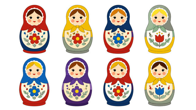 Set of colorful matryoshka dolls with floral designs