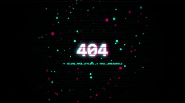 Glitching 404 error message with digital noise and particles on black background