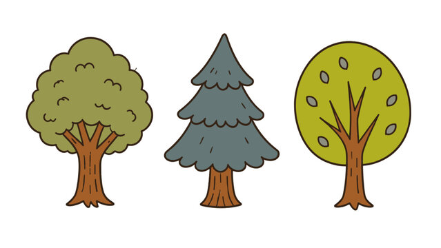 Hand drawn cartoon set of deciduous and evergreen trees