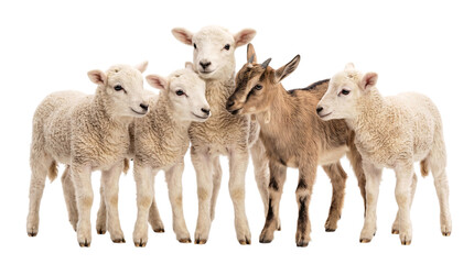 Group of five young farm animals: four lambs and isolated on transparent background © PNG Studio 99