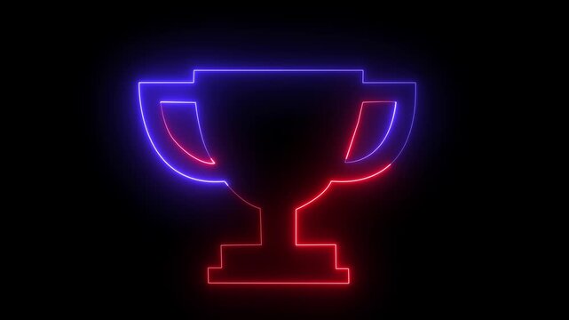 neon winner trophy cup icon animation on black background