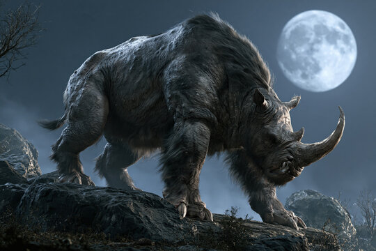 horror werewolf rhino with muscular furry body and lowered horned head standing on rocks beneath moon, photorealistic