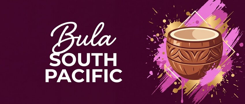 Fiji Bula South Pacific Banner featuring traditional carved kava bowl illustration with vibrant pink paint splash and gold elements for tropical island tourism, cultural header design, greeting graphi