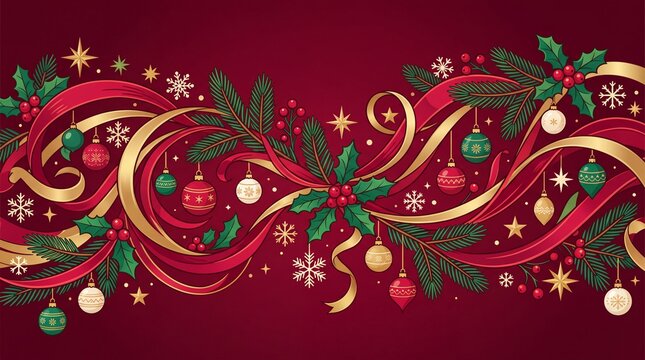 Spanduk natal vektor dengan hiasan bola dan pita emas merah