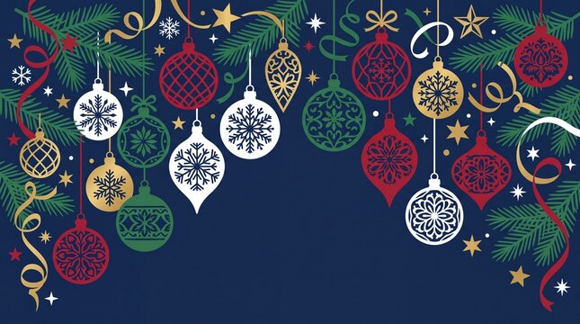 Hiasan natal vektor bola gantung dengan dahan pinus latar biru