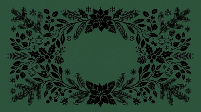 Ornamen bingkai natal vektor bunga dan daun cemara pada latar hijau