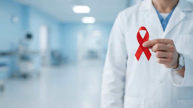 Healthcare professional holding a red ribbon for World AIDS Day