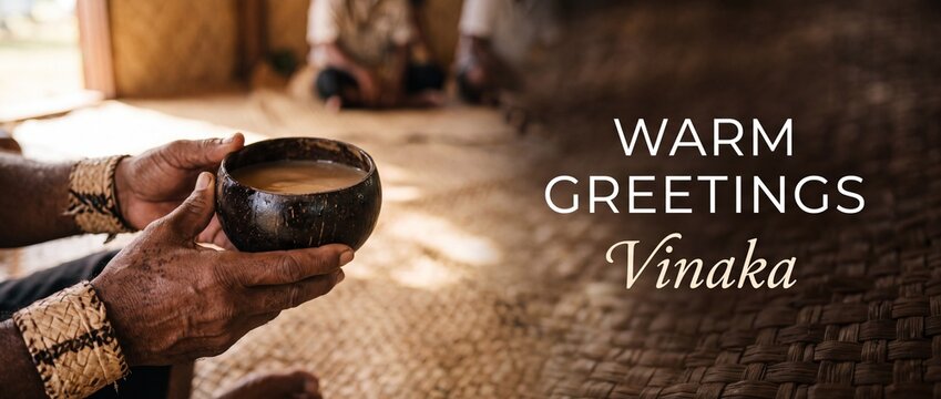 Fijian kava drink coconut bowl held in hands during traditional welcome ceremony on woven mat in village bure with warm greetings Vinaka text overlay background for South Pacific culture travel banner