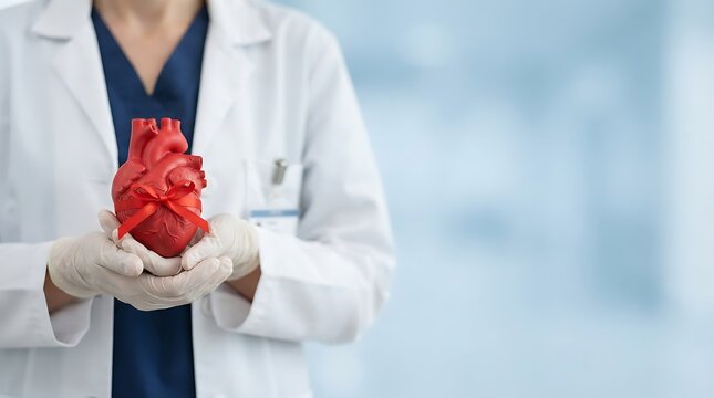 Healthcare professional holding an anatomical heart with red ribbon