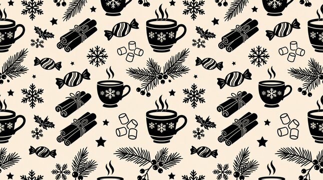 Natal vektor pola mulus dengan cangkir kopi dan kepingan salju