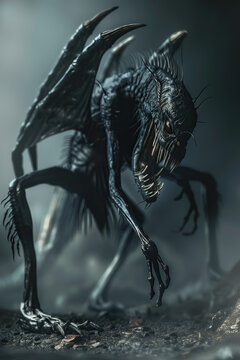 horror art, dark alien monster with wings and long legs, sharp claws, scary, creepy, fantasy, photorealistic