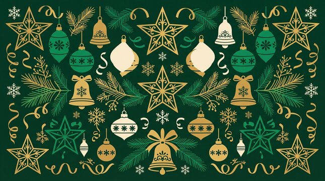 Pola natal vektor dengan hiasan bintang dan lonceng emas