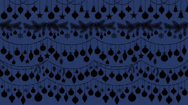 Ornamen natal vektor dengan siluet dekorasi gantung latar biru