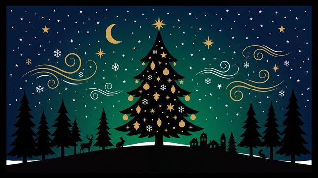 Vektor kartu ucapan pohon natal dengan pemandangan langit malam