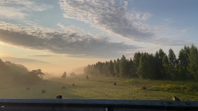 mist drifts through harvested farmland beside a birch grove and sunflower field as the scenery moves past a car, revealing atmospheric agriculture, hay bales and golden hour light