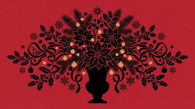 Karangan bunga natal vektor siluet pada latar belakang merah