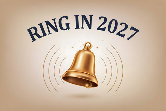 Golden bell ringing in 2027 with sound waves and stars on a beige background, for a festive, new year celebration, greeting card