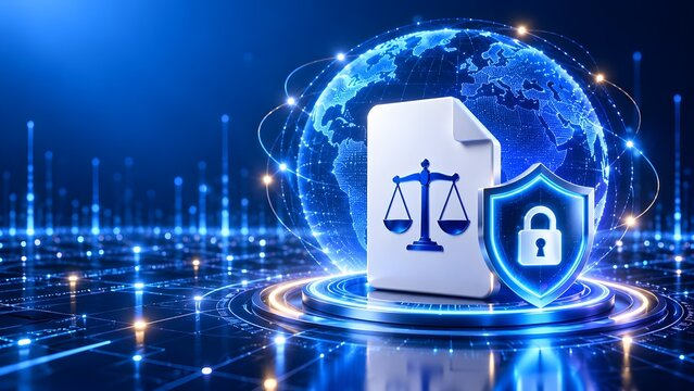 Global cyber law concept with glowing scales of justice document shield and digital earth network