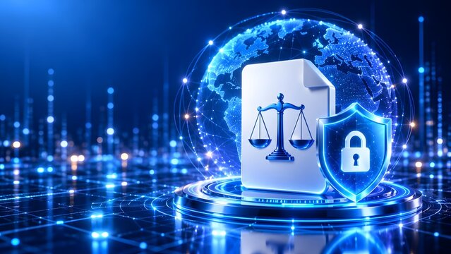 International digital regulation and data protection with neon legal document padlock shield and holographic globe