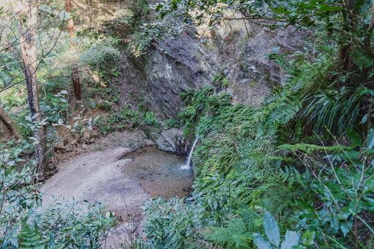 春の宿谷の滝：ハイキングコースから見下ろす風景と澄んだ滝壺/埼玉県毛呂山町・3月
