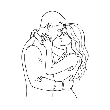 Minimalist line art vector illustration featuring loving couple hugging gently with tender emotion