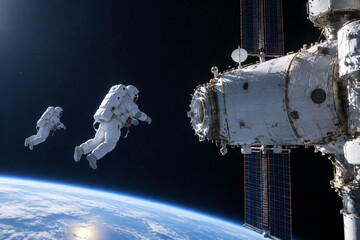 Astronauts approaching space station module in orbit, space exploration concept © zilong  Zhang
