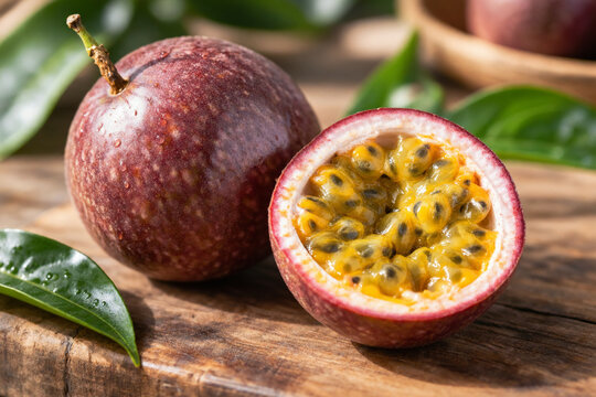 Whole and halved passionfruit on wooden board, tropical fruit concept