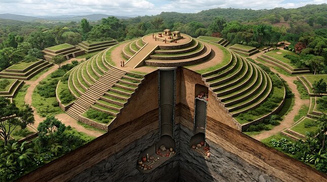 Cross-section of circular Guachimontones pyramids showing internal tunnel systems.