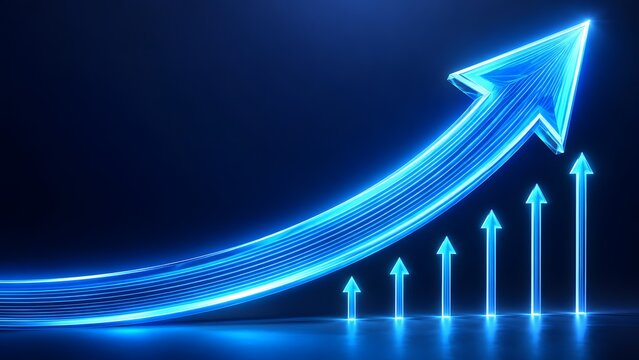 Dynamic glowing blue arrows soaring upward symbolizing financial progress corporate revenue increase and investment growth
