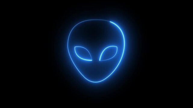 blue neon glowing alien head outline on black background