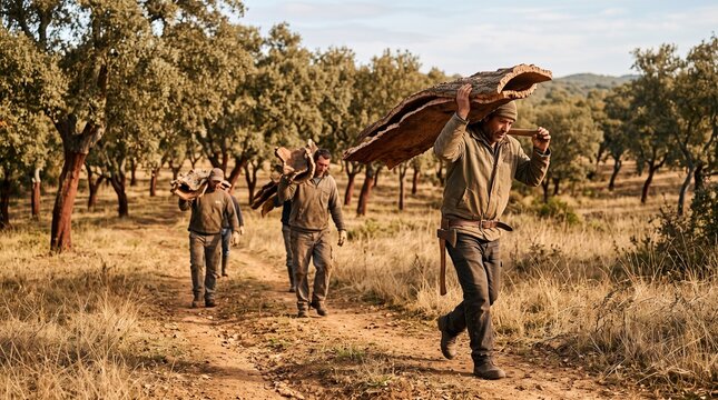 Cork harvest crew crosses a sunlit Portuguese oak grove