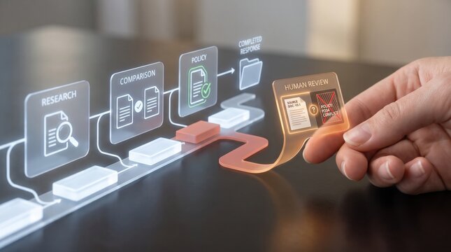 Multi-Agent Teamwork - A human hand flagged for review while automated agents continue working efficiently in the background.
