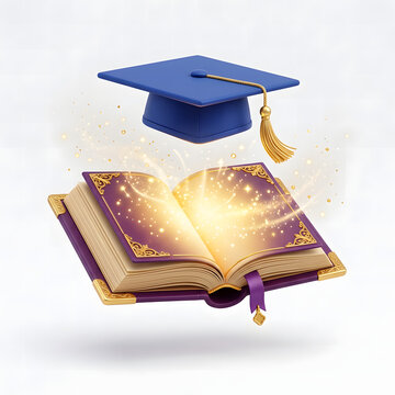 Glowing magic purple book with golden ornaments and flying graduation cap floating above it