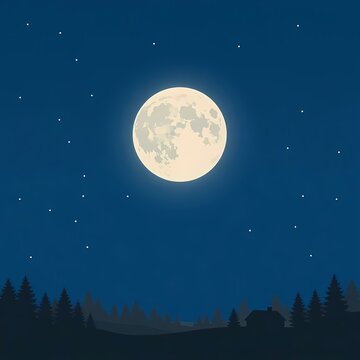 夜空に浮かぶ満月と静かな森