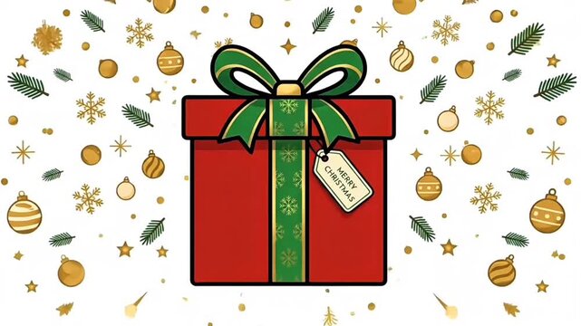 Red Christmas gift box animation with exploding golden ornaments, stars, and snowflakes. Holiday present motion graphic for Xmas and New Year celebration.