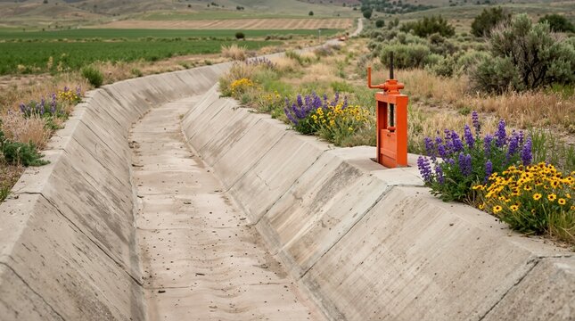 Empty concrete irrigation canal with an orange control sluice gate. Dry agricultural ditch passing through rural farmland