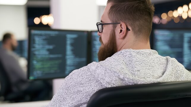 Software developer working on computer code in office