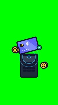 4K digital payment icon with credit card tapping terminal, radiating wave signals, and gold coins on chroma green screen loop.