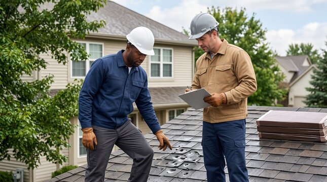 Roofers assess hail damage before resilient roof repair