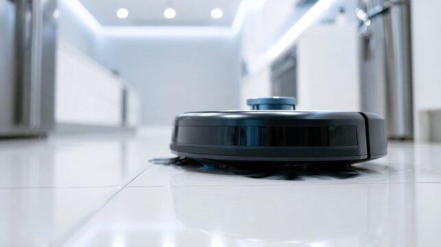 Modern circular robot vacuum cleaning a white tiled floor