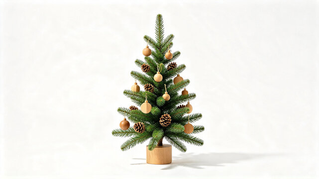 A minimalist tabletop Christmas tree decorated with wooden ornaments and pine cones against a clean white background.