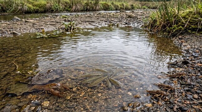 Small fish and crayfish in a shrinking freshwater pool