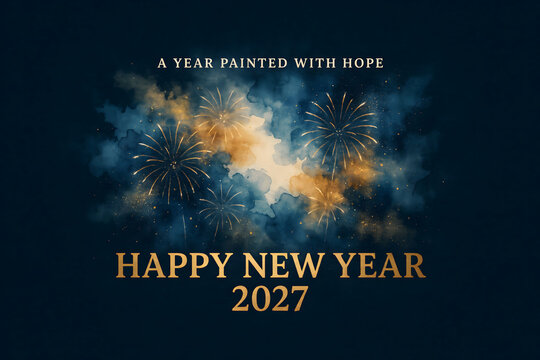 Happy new year 2027 greeting card with watercolor fireworks, a year painted with hope text, on a dark blue background, with golden light effects
