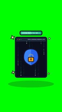 4K cyber terminal window with cascading matrix code rain streams and central antivirus defense shield on green screen background loop.