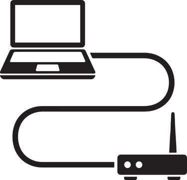 Laptop connected to wireless internet router via ethernet cable icon with internet connectivity ethernet computer connection communication technology isolated interface