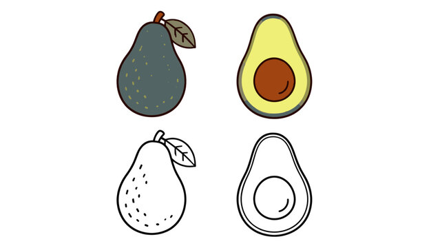 Pear and avocado fruit set in color and outline