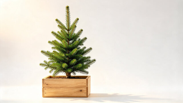 A small green pine tree planted in a simple wooden box against a clean white background. Minimalist indoor plant aesthetic.